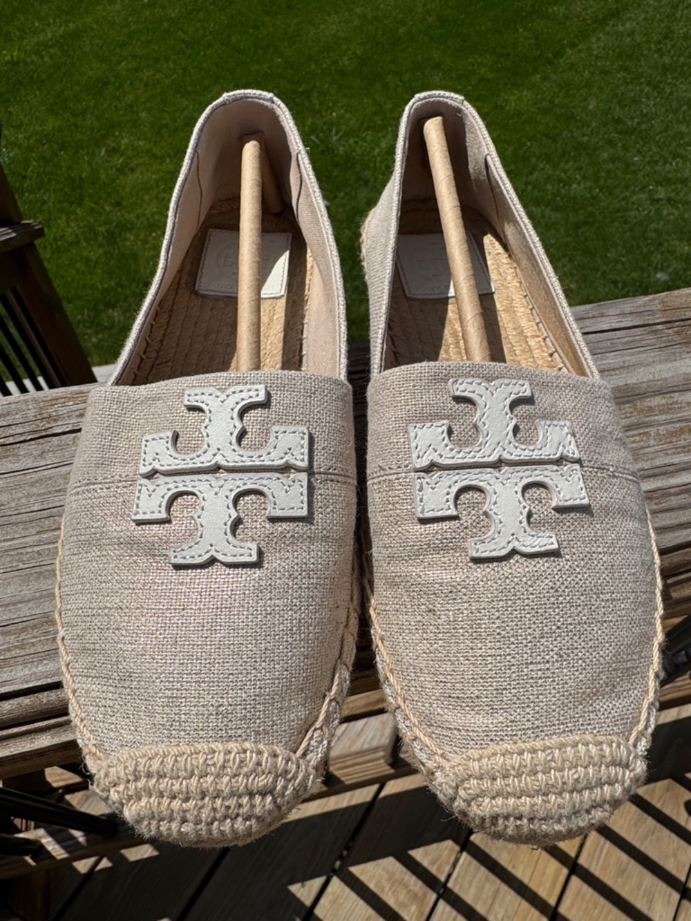 Tory Burch Natural Canvas Espadrille Flats with White Logo